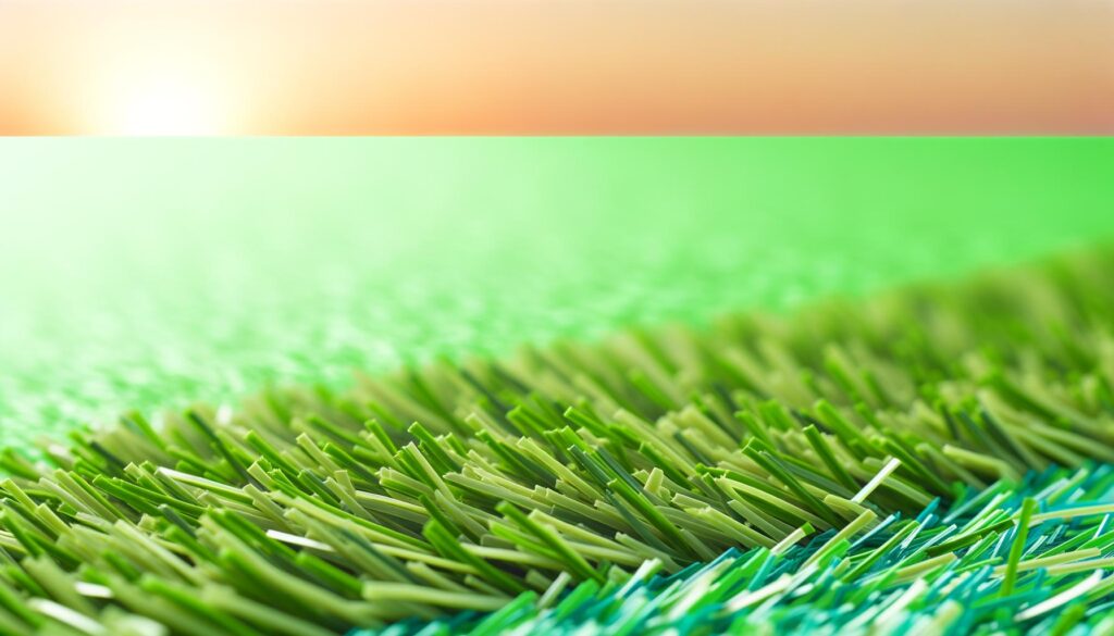 Close-up of artificial grass with blurred green background and soft, warm light.
