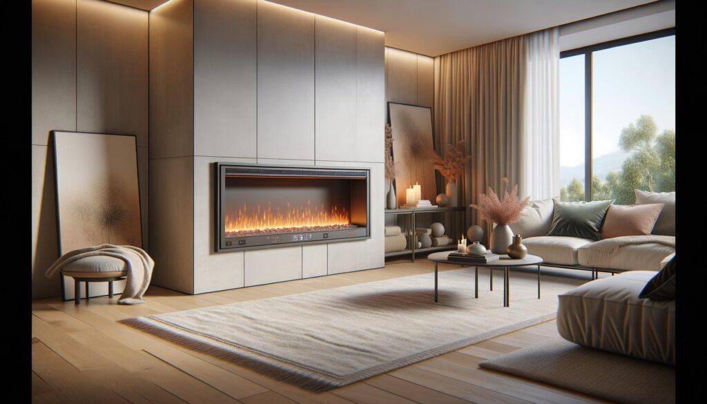 Cozy modern living room with a sleek fireplace, soft seating, candles, and large window with trees outside.
