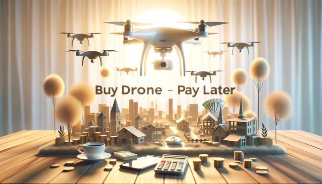 Drones hover over a model city with coins, calculator, and text "Buy Drone – Pay Later."