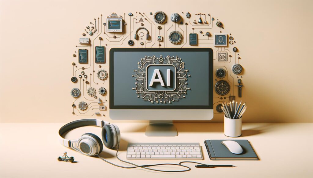 A computer setup with "AI" on screen, surrounded by circuits and tech icons.