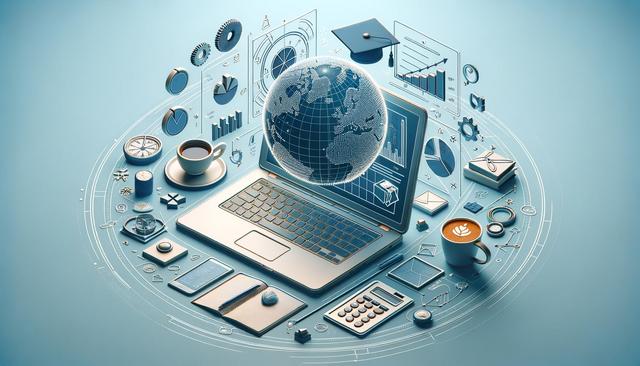 Laptop surrounded by 3D icons representing global connectivity, education, finance, and communication on a blue background.