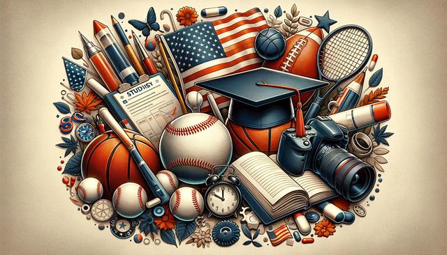 Collage of education, sports, and nature items, including a graduation cap, American flag, baseballs, basketball, camera, open book, pencils, and clock.
