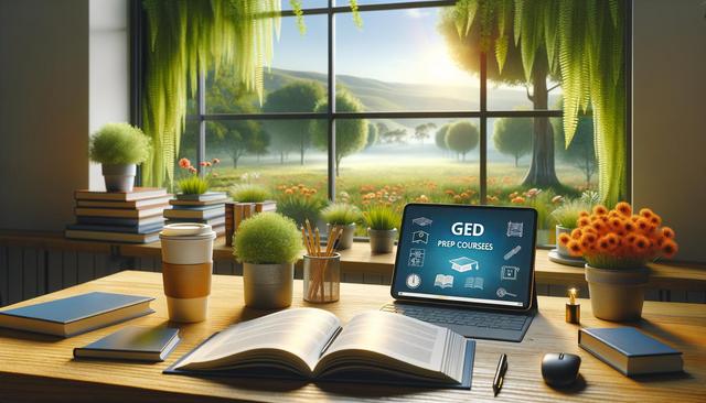 A study setup with books, a tablet showing "GED Prep Courses," pencils, a coffee cup, and plants, against a scenic window view of a sunny field.