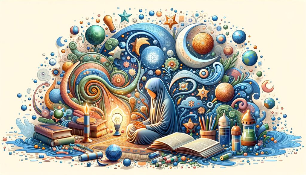 A person in a hooded robe sits surrounded by swirling, colorful cosmic designs, books, candles, and scientific objects.